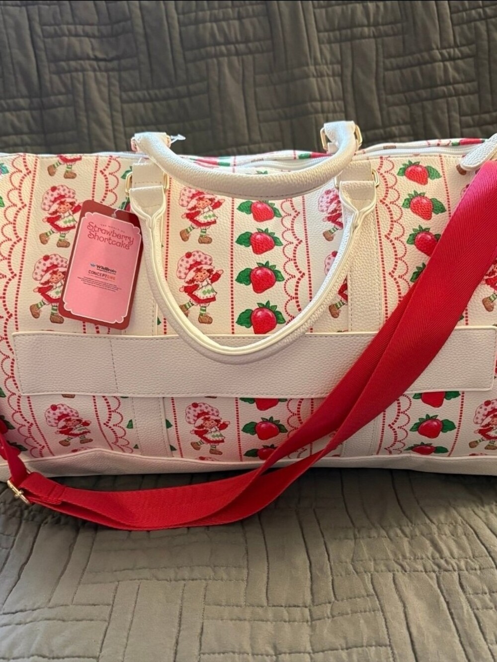 New Strawberry Shortcake Shoulder Tote Bag — Embroidered Weekend Duffle - Picture 3 of 6